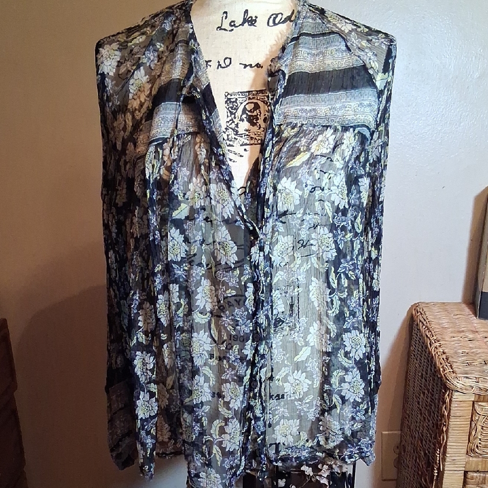 FREE PEOPLE Floral Sheer Women's Buttondown Boho Top Size XS